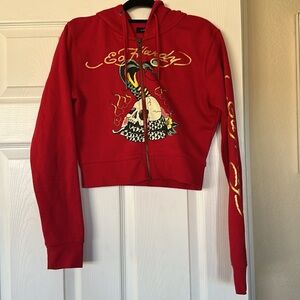 Ed Hardy Red Hoodie with Gold Graphics